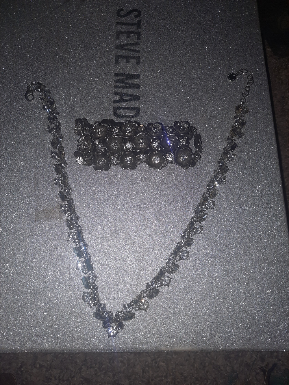 Silver Crystal Necklace and Flower Bracelet Set
